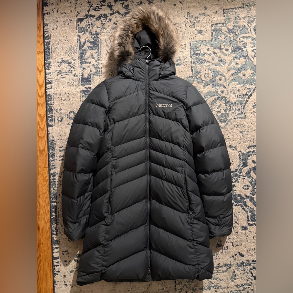 EEUC Marmot Montreal Dark Gray Down Parka Jacket M Medium Detachable Fur Hood